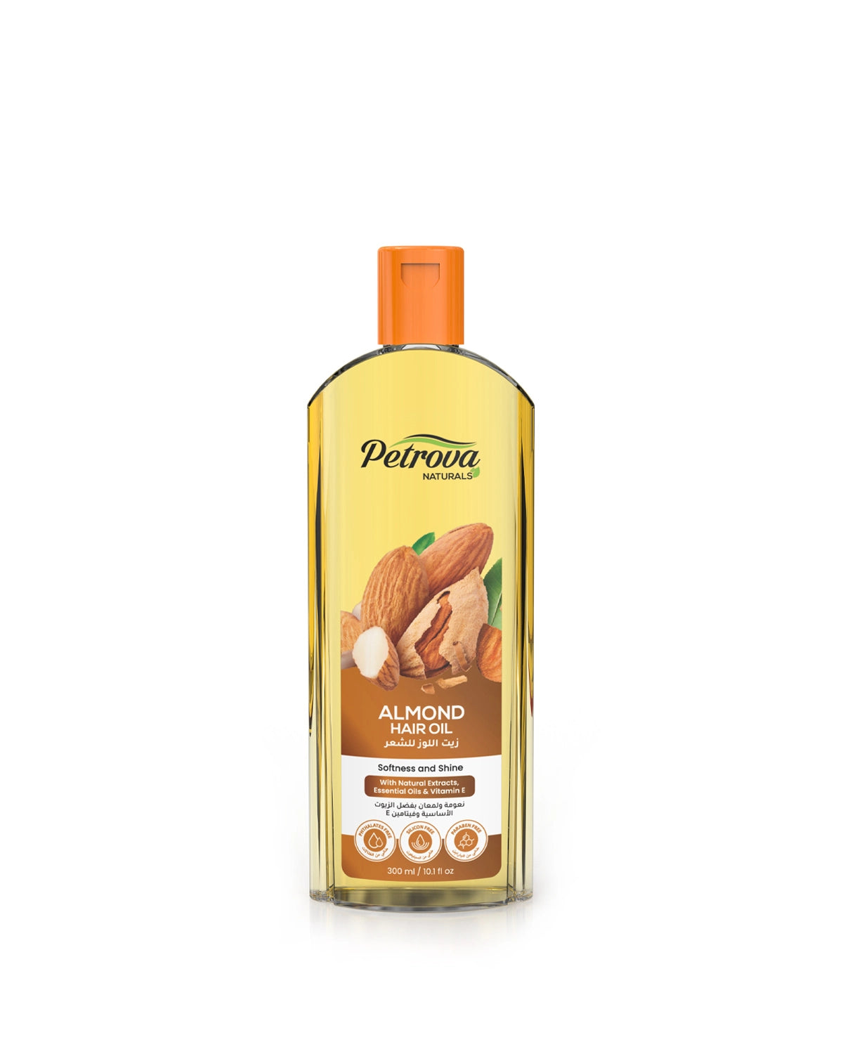 Petrova Almond Hair Oil for women and men. Infused with natural extracts, benefits of almond, essential oils, and vitamin E. A high-quality hair oil that nourishes and repairs damaged hair. For people with dry and damaged hair. Almond oil hair. Cosmo hair oil. Made in Dubai, UAE.