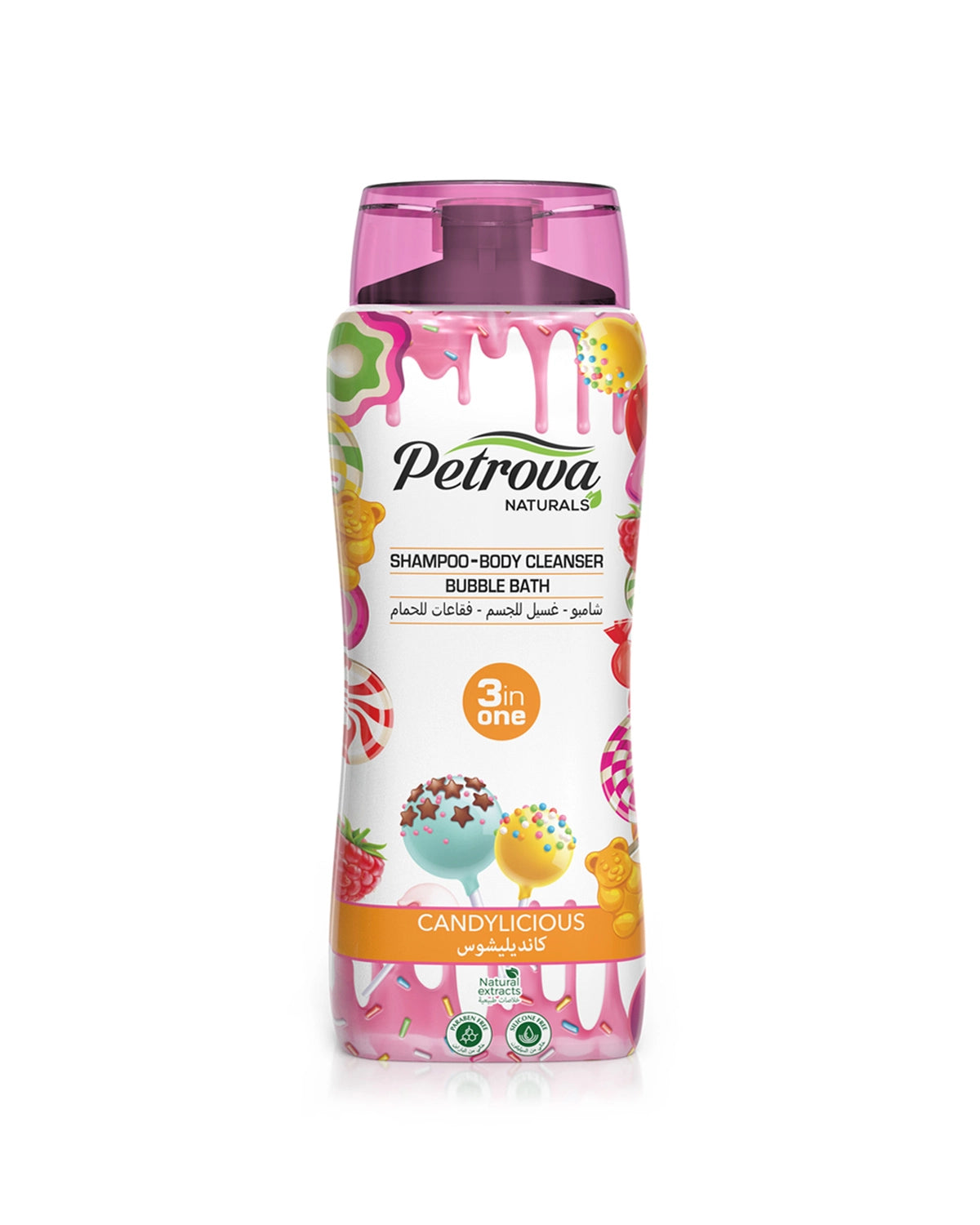 Petrova Candylicious 3in1 Shampoo, Body Cleanser & Bubble Bath is silicon free and infused with natural extracts, that gently cleanse both your body & hair while leaving them soft, moisturized and beautifully scented. In addition, it’s bubble bath function helps in transforming an ordinary bath into a relaxing spa. Bubble bath soap. Bubble Bath liquid. Body wash Dubai. Shower gel UAE. Best shampoo. Shampoo in Dubai. Hair shampoo. Shampoo for hair loss. Made in Dubai, UAE.