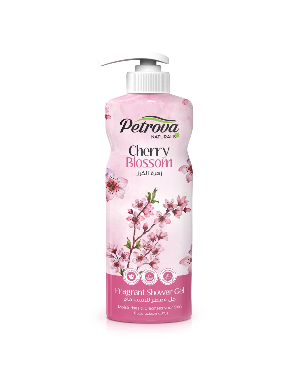 Petrova Cherry Blossom Shower Gel for women and men. Premium shower gel with natural extracts. Cherry blossom infused formula and long-lasting fragrance. It keeps the skin moisturized and gives a natural shine. For people with dry, and sensitive skin. Shower gel bath and body works. Cosmo shower gel. Made in Dubai, UAE.