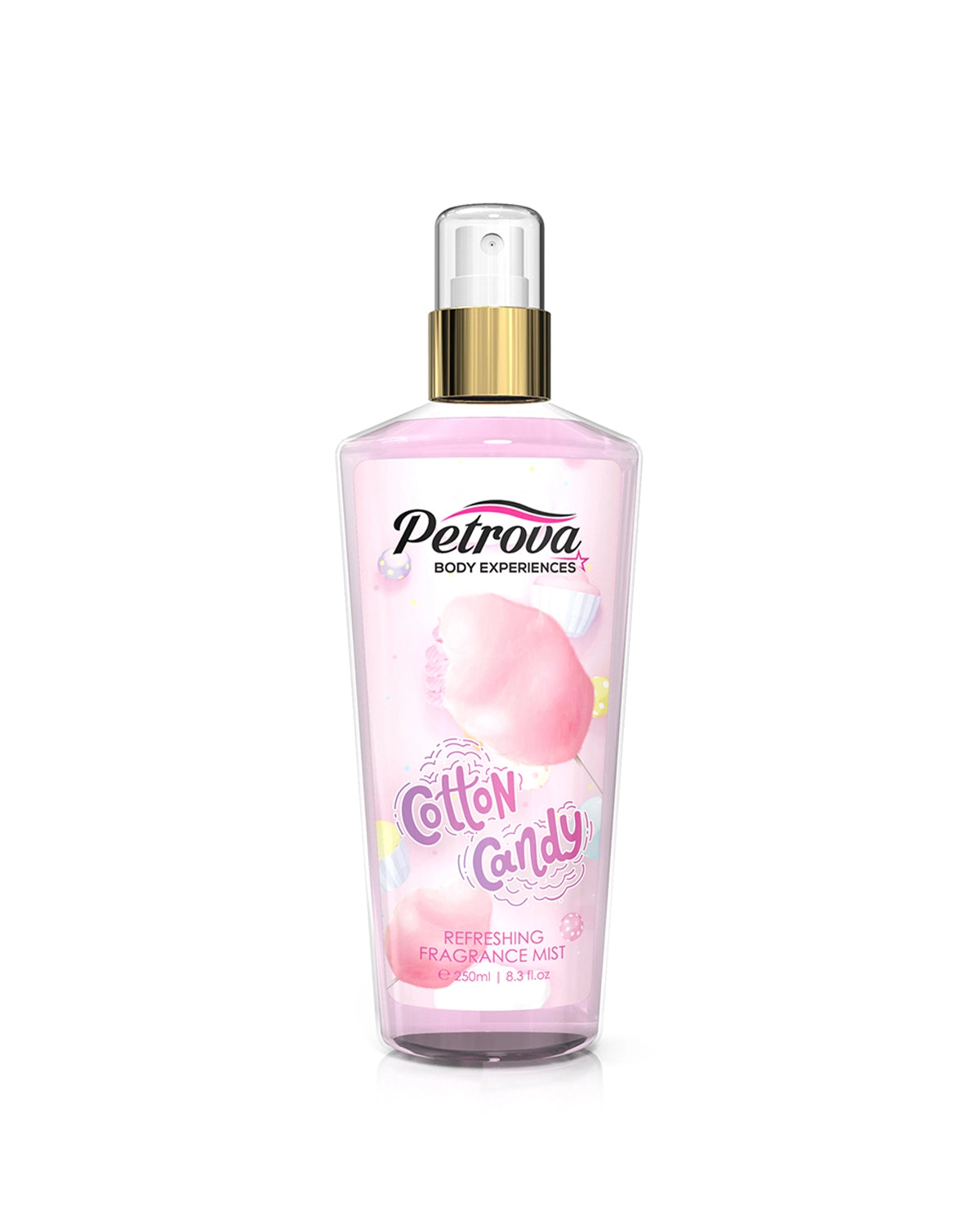 Petrova Cotton Candy Body Mist for women and men. A long-lasting exotic body splash with a touch of sweetness. Crafted to leave you feeling effortlessly elegant all day long. Body mist victoria secret. Body mist uae. Best body mist. Made in Dubai, UAE.