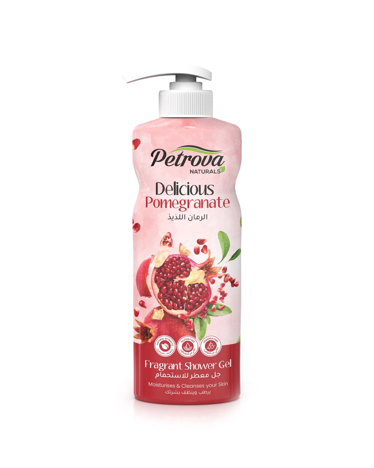 Petrova Delicious Pomegranate Shower Gel for women and men. Scented shower gel with natural extracts. Pomegranate infused formula and long-lasting fruity fragrance. It keeps the skin nourished and gives a natural glow. For people with oily, dry, and sensitive skin. Cosmo shower gel. Best Shower Gel in UAE. Made in Dubai, UAE.