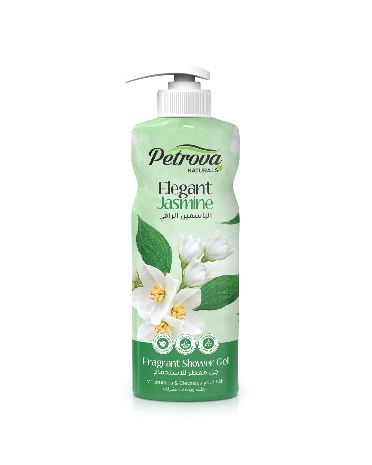 Petrova Elegant Jasmine Shower Gel for women and men. Refreshing shower gel with natural extracts. Jasmine infused formula and long-lasting fragrance. It revitalizes the skin and gives a radiant glow. For people with dry, and sensitive skin. Best Shower Gel in Dubai. Made in Dubai, UAE.