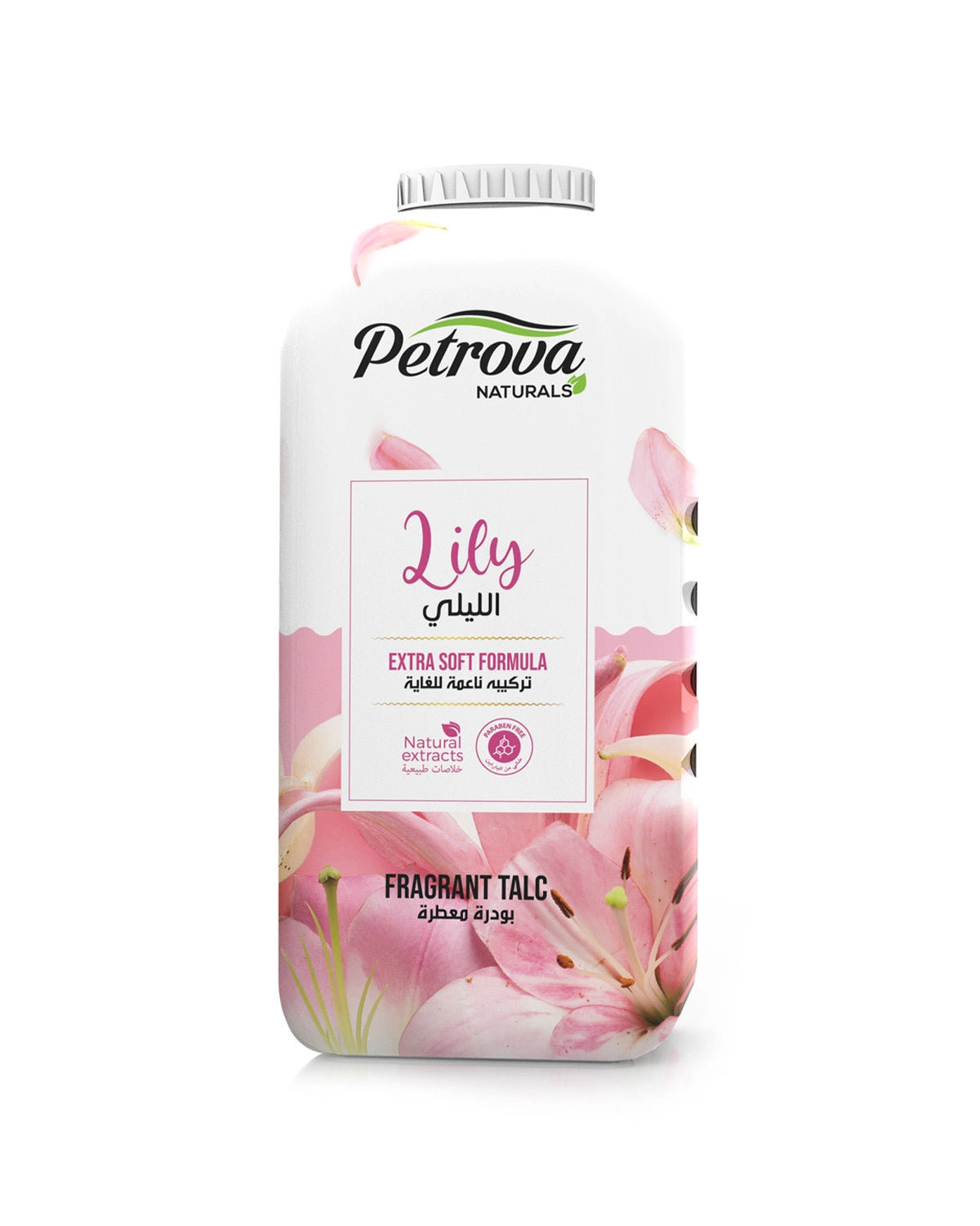 Petrova Lily Talcum Powder for women and men. Infused with natural extracts and paraben free formula. It absorbs sweat. Fragranced talcum powder. Refreshing talcum powder. Made in Dubai, UAE.