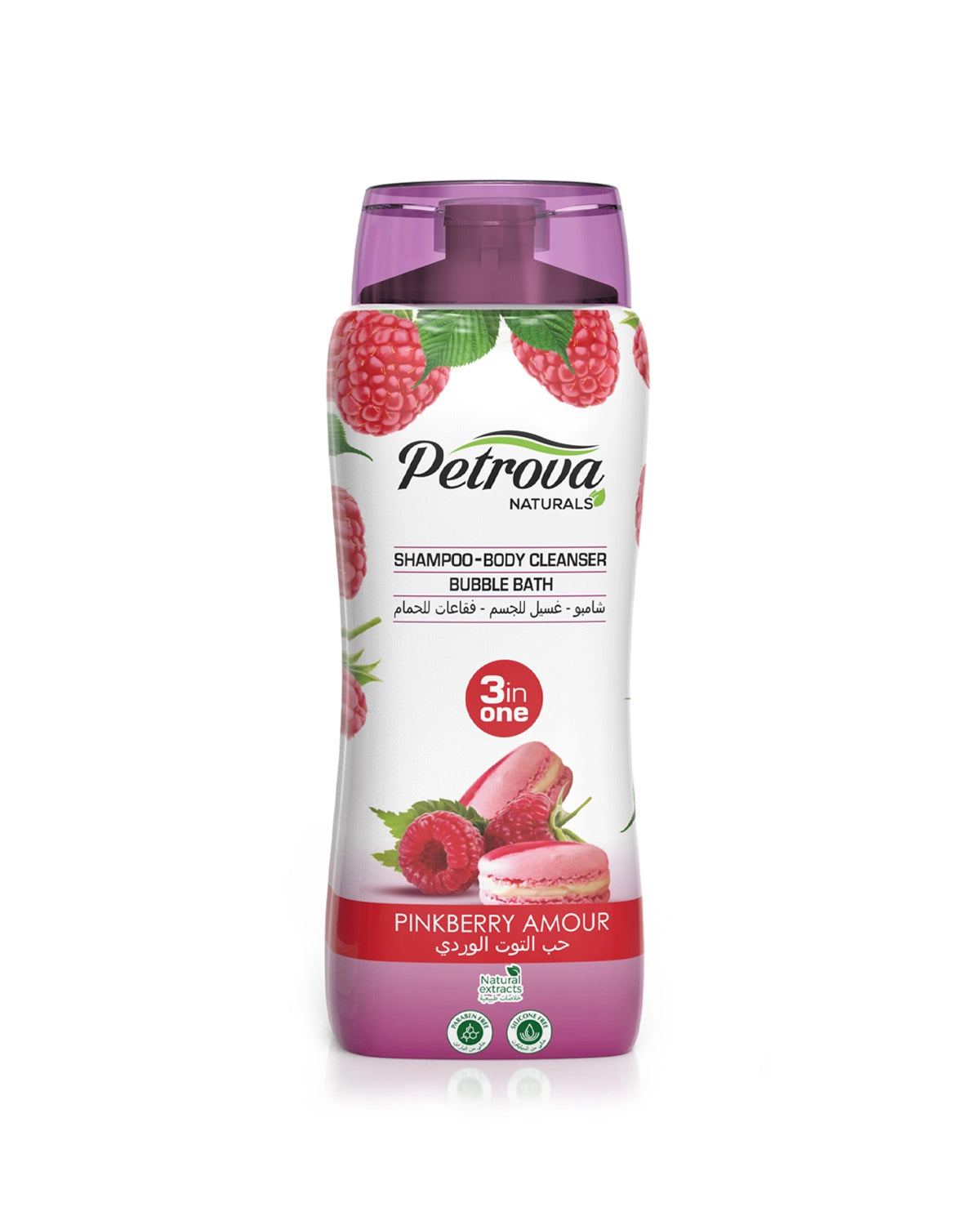 Petrova Pinkberry Amour 3in1 Shampoo, Body Cleanser & Bubble Bath is silicon free and infused with natural extracts, that gently cleanse both your body & hair while leaving them soft, moisturized and beautifully scented. In addition, it’s bubble bath function helps in transforming an ordinary bath into a relaxing spa. Bubble bath soap. Body wash for men. Body wash for women. Best shampoo. Made in Dubai, UAE.