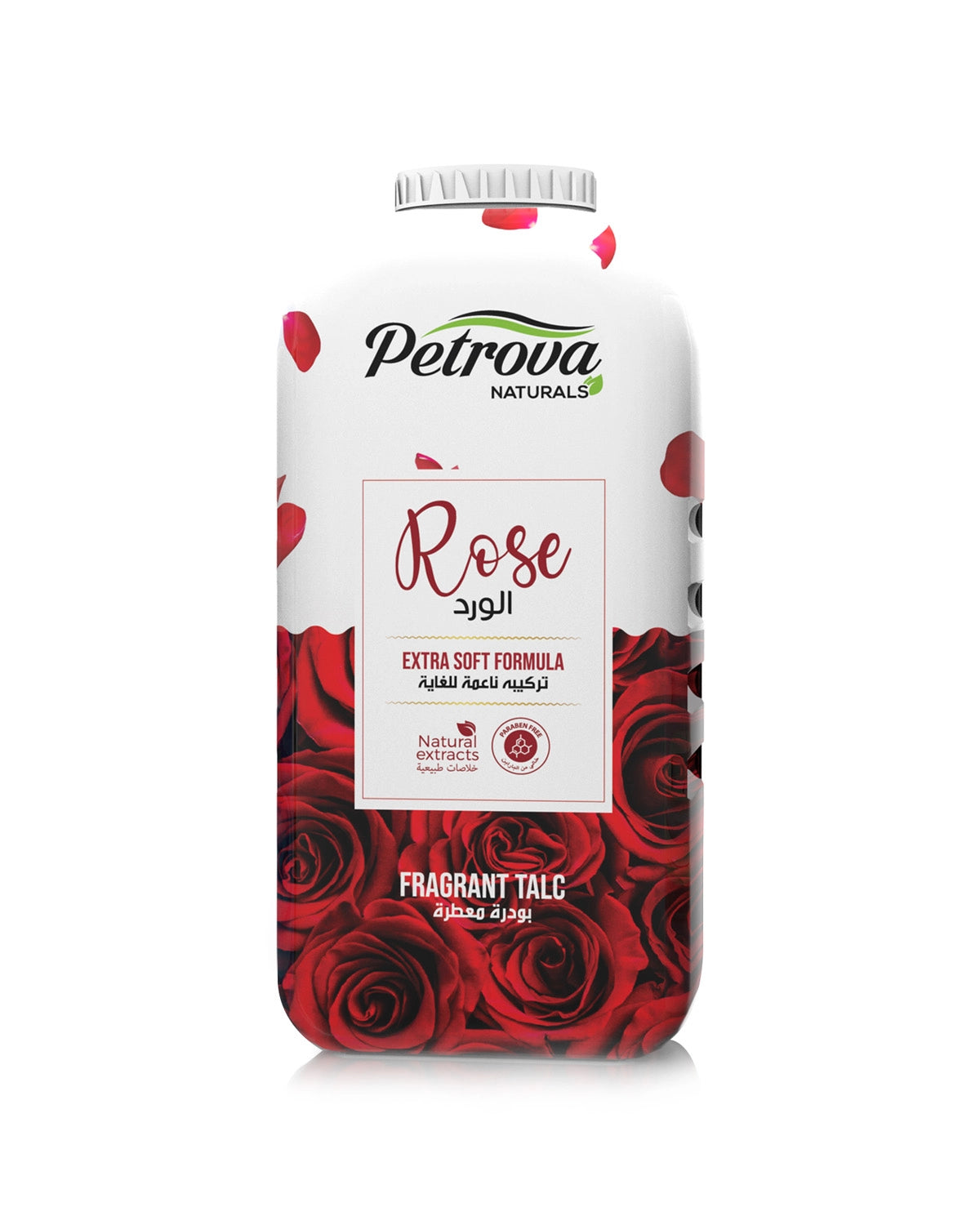 Petrova Rose Talcum Powder for women and men. Infused with natural extracts and paraben free formula. It absorbs sweat. Talc body powder with Rose. Yardley powder for skin. Deodorizing talc powder. Made in Dubai, UAE.