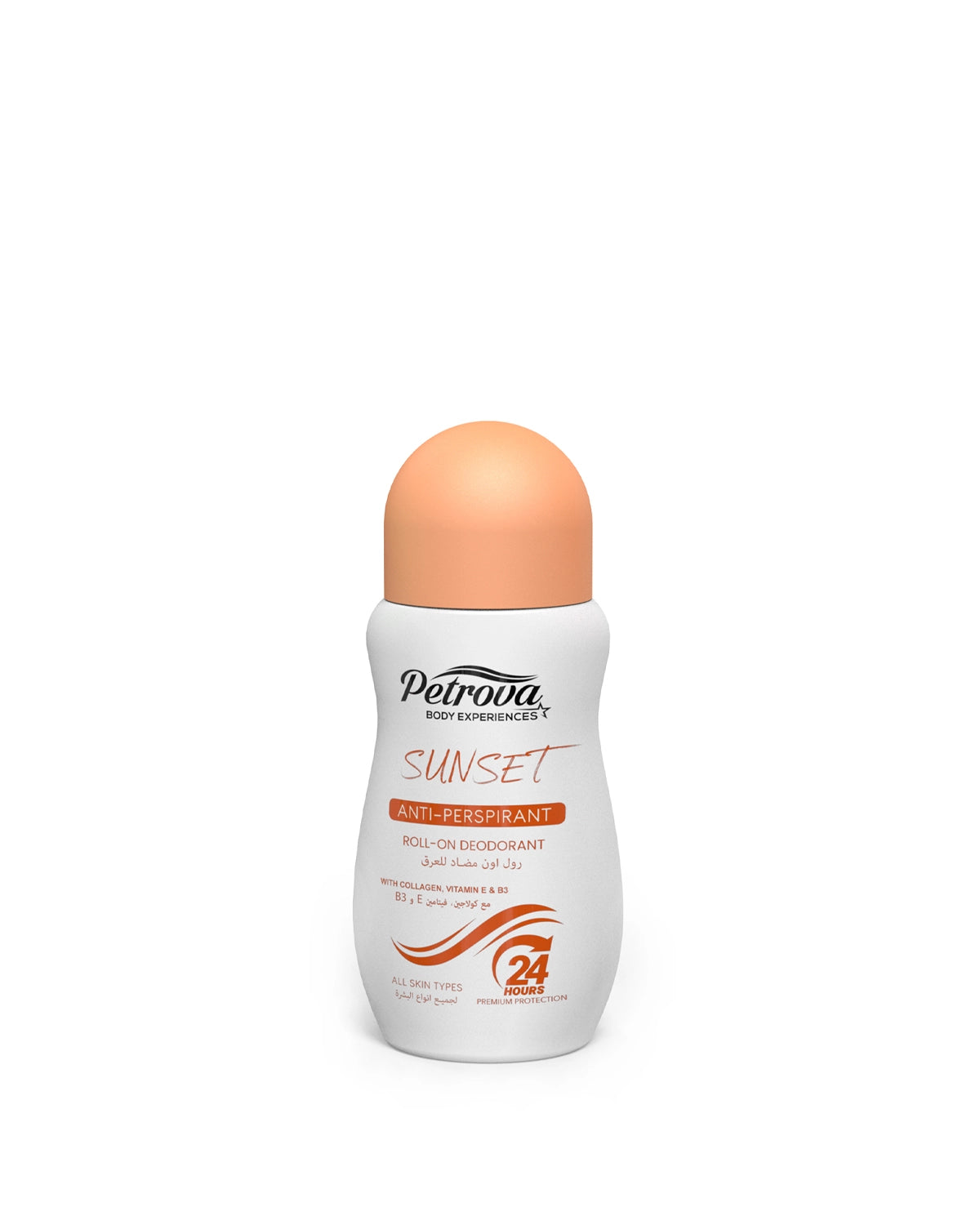 Petrova Sunset Roll-On Deodorant for women and men. Infused with a fruity scent, natural extracts, collagen, vitamin E and vitamin B5. Anti-perspirant formula protect against sweating and bad odor. Roll On Fa. Best roll on deodorant. Best roll-on for women. Made in Dubai, UAE.