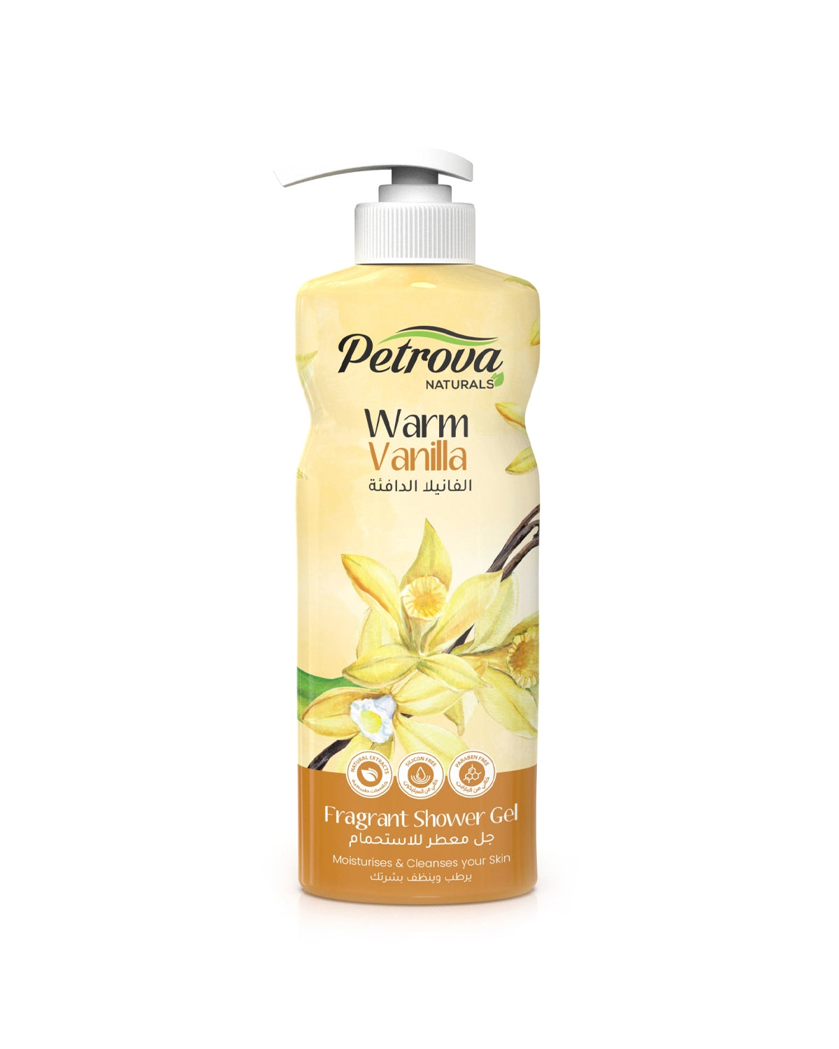 Petrova Warm Vanilla Shower Gel for men and women. Luxury shower gel with natural extracts. Vanilla infused formula and long-lasting fragrance. It keeps the skin hydrated and gives a natural glow. For people with dry, and sensitive skin. Shower Gel UAE. Cosmo shower gel. Made in Dubai, UAE.