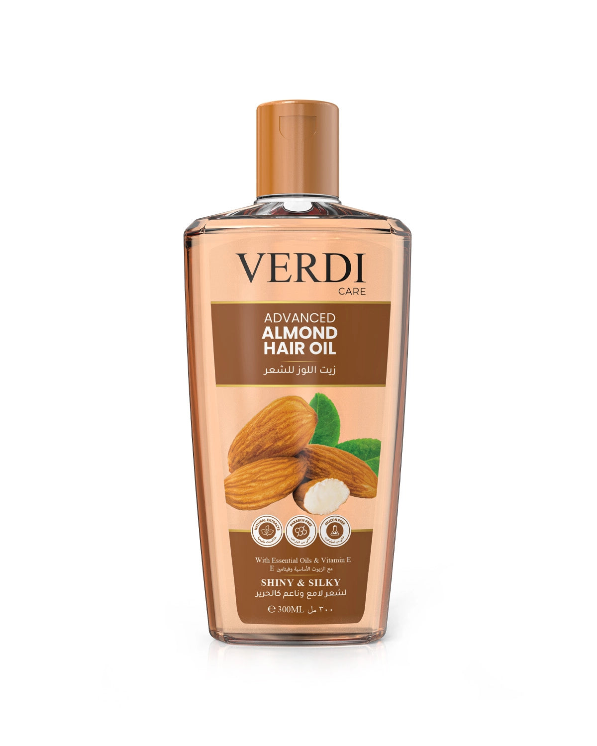 Verdi Almond Hair Oil for women and men. Infused with the benefits of almond oil, essential oils and vitamin E. It heals and balance moisture, gives shiny and silky hair to people with dry and damaged hair. Hair oil growth. Hair oil for dry hair. Made in Dubai, UAE.