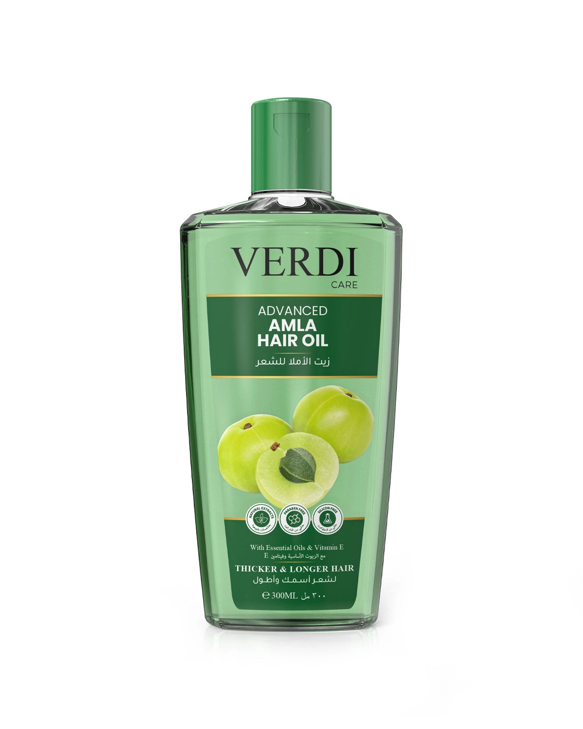 Verdi Amla Hair Oil for women and men. Infused with the benefits of amla, essential oils and vitamin E. It strengthens hair roots and accelerates hair growth for people with brittle hair. Hair oil growth. Made in Dubai, UAE.