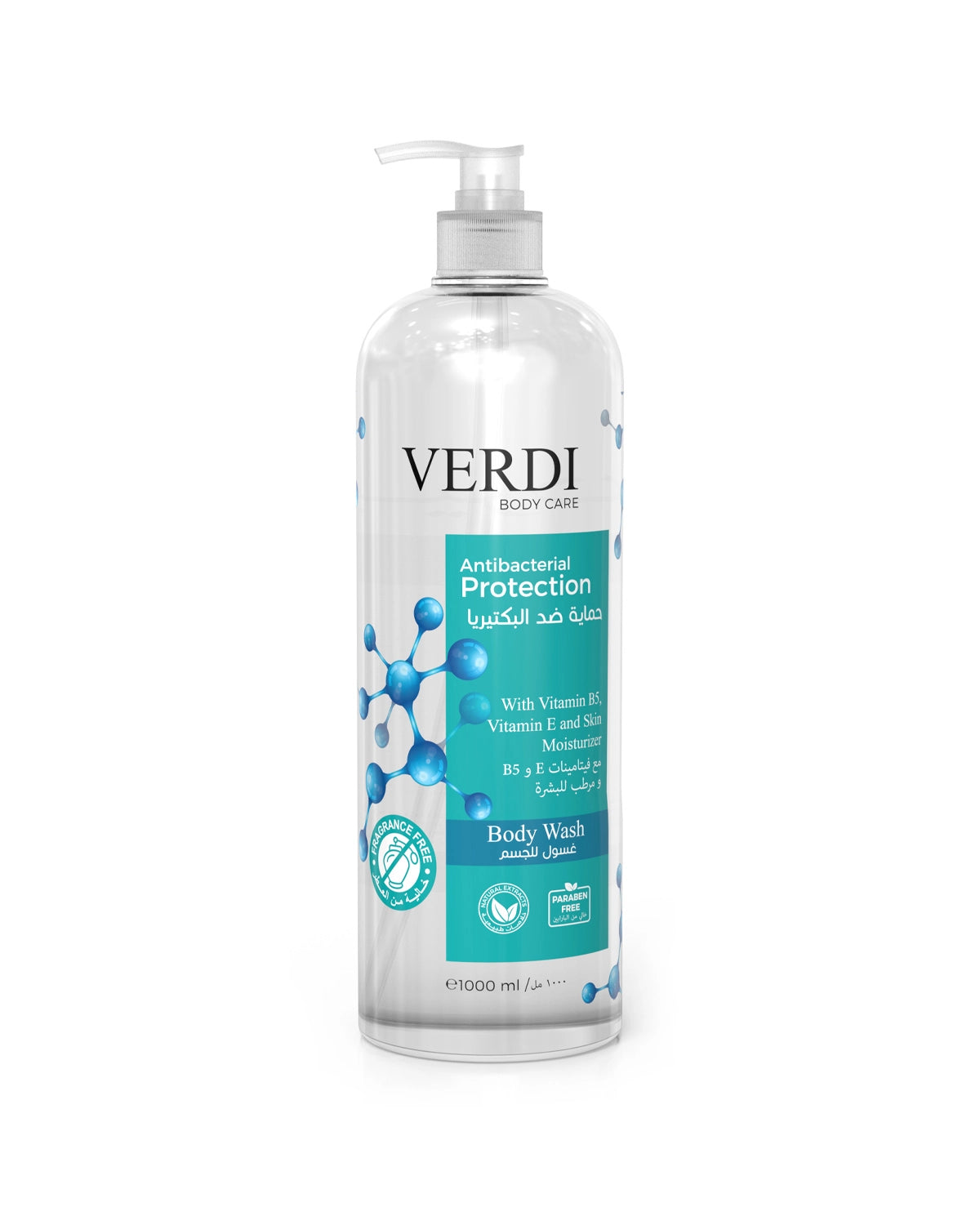 Verdi Antibacterial Protection Body Wash for women and men. Infused with vitamin B5, vitamin E, and skin moisturizers. For germ protection and keeping your skin pure and safe. Made in Dubai, UAE.