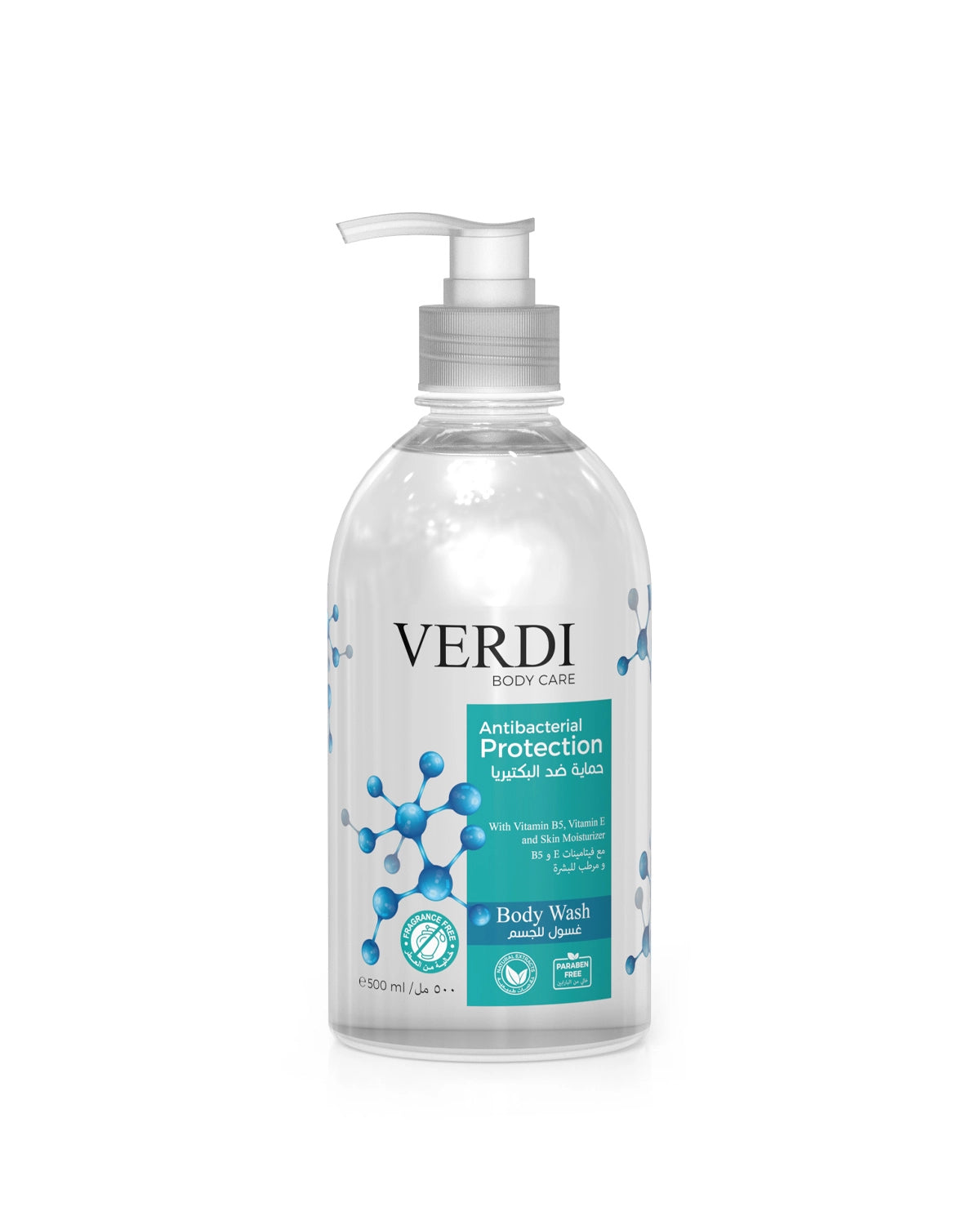 Verdi Antibacterial Protection Body Wash for women and men. Infused with vitamin B5, vitamin E, and skin moisturizers. For germ protection and keeping your skin pure and safe. Made in Dubai, UAE.