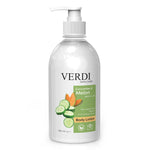 Verdi Cucumber & Melon Body Lotion for women and men. Hydrating body lotion infused with a fragrant melon. Enriched with hydrating natural extracts. For smooth radiance to the skin. For people with dry and sensitive skin. For all skin types. Made in Dubai, UAE.