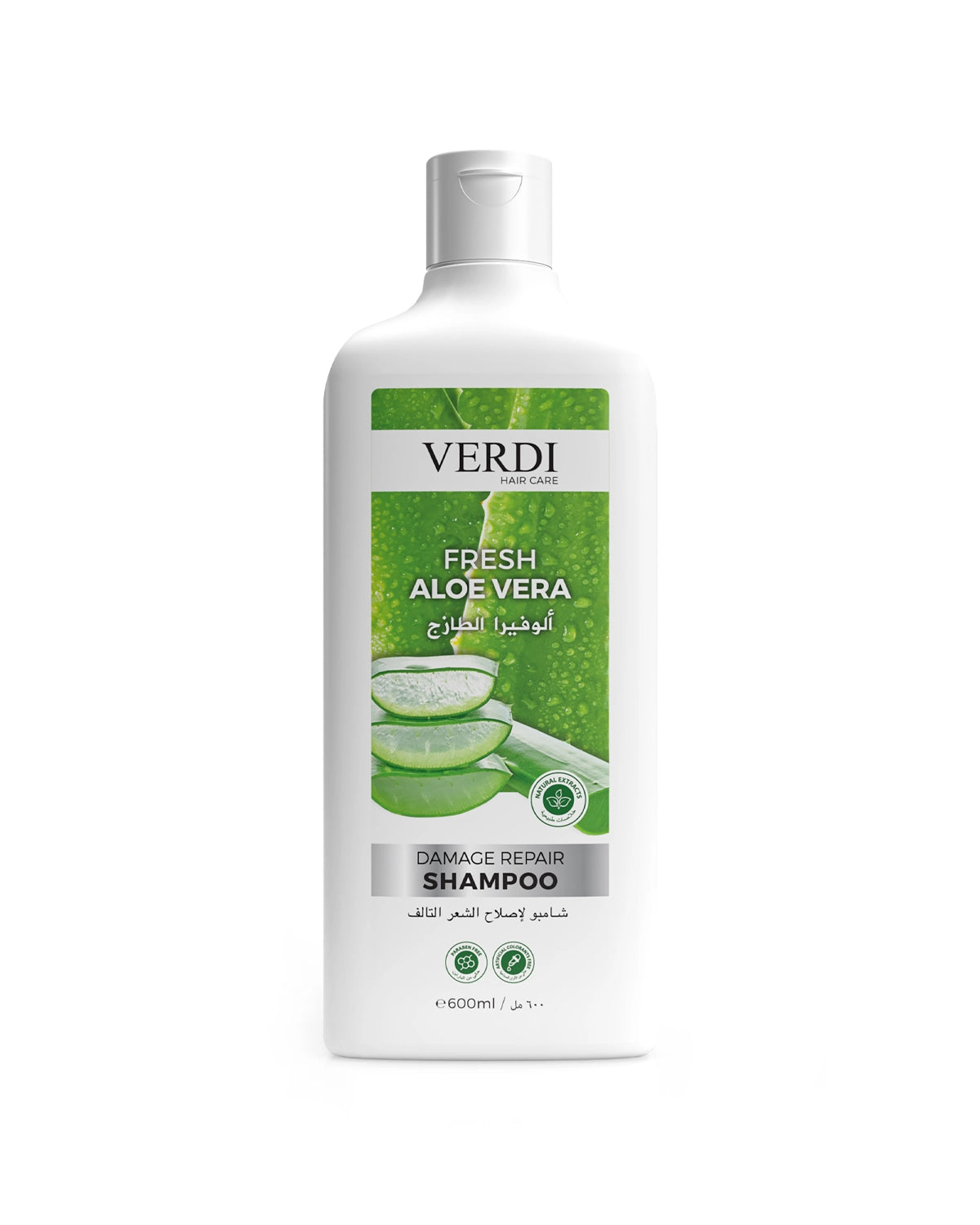 Verdi Aloe Vera Damage Repair Shampoo for women and men. Infused with the benefits of fresh aloe vera and natural extracts, its anti-inflammatory properties help soothe the scalp and enhance shine and texture for people with damaged hair. Made in Dubai, UAE.