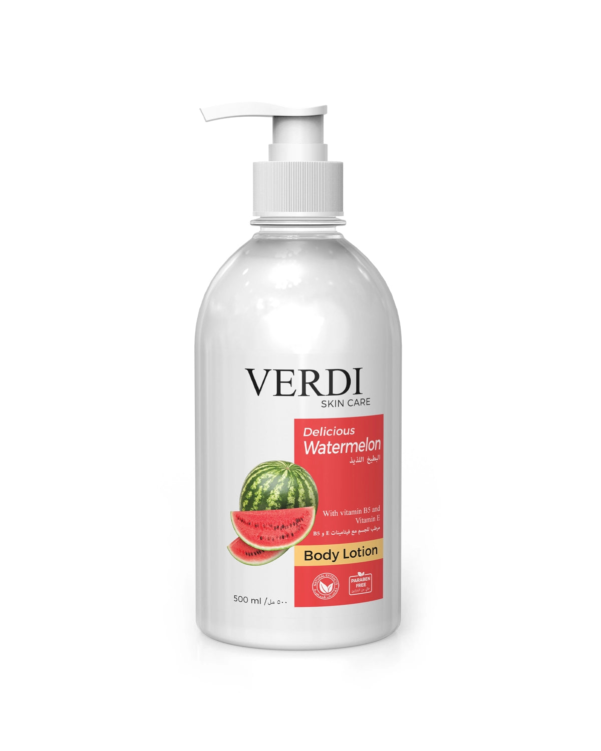 Verdi Delicious Watermelon Body Lotion for women and men. Premium body lotion infused with a watermelon fragrance. Enriched with hydrating natural extracts. Helps hydrate flaky skin. For people with dry and sensitive skin. Made in Dubai, UAE