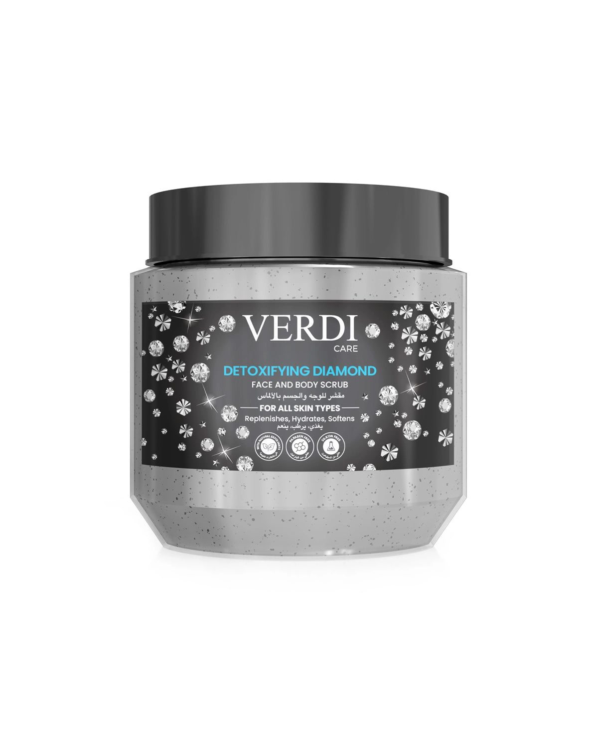 Verdi Detoxifying Diamond Face & Body scrub for women and men. Infused with the beautiful fragrance, natural extracts, and benefits of diamond. A natural scrub made with gentle scrubbers for removing blackheads and whiteheads. Made for people with dry and sensitive skin. Made in Dubai, UAE.