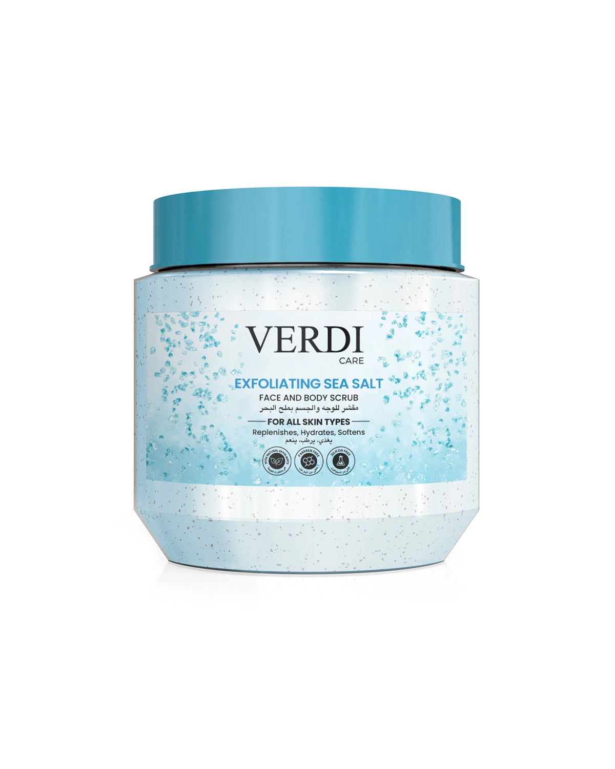 Verdi Exfoliating Sea Salt Face & Body scrub for women and men. Infused with the beautiful fragrance, natural extracts, and benefits of sea salt. A natural exfoliant for removing dead skin. Made for people with dry and sensitive skin. Made in Dubai, UAE.