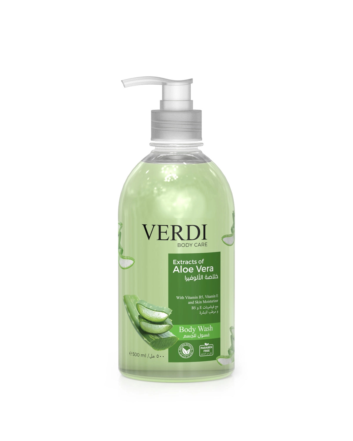 Verdi Extracts of Aloe Vera Body Wash for women and men. Infused with vitamin B5, vitamin E, and skin moisturizers. Enriched with natural extracts of aloe vera gel. For people with oily, dry, and sensitive skin. Made in Dubai, UAE.