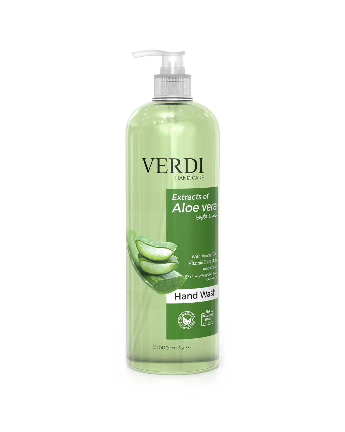 Verdi Extracts of Aloe Vera Hand Wash for women and men. Infused with vitamin B5, vitamin E, and skin moisturizers. Enriched with natural extracts of aloe vera gel. For germ protection. Keep your hands clean and safe. For people with dry and sensitive skin. Made in Dubai, UAE.