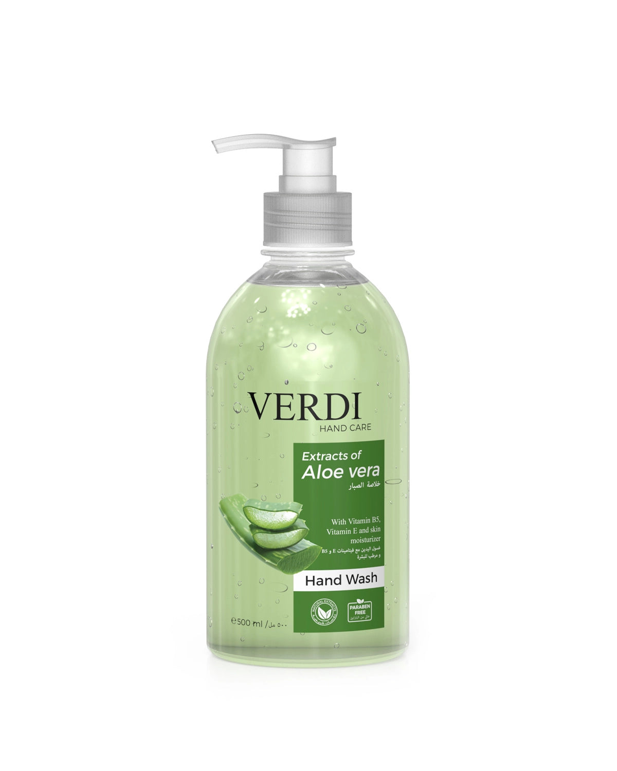 Verdi Extracts of Aloe Vera Hand Wash for women and men. Infused with vitamin B5, vitamin E, and skin moisturizers. Enriched with natural extracts of aloe vera gel. For germ protection. Keep your hands clean and safe. For people with dry and sensitive skin. Made in Dubai, UAE.