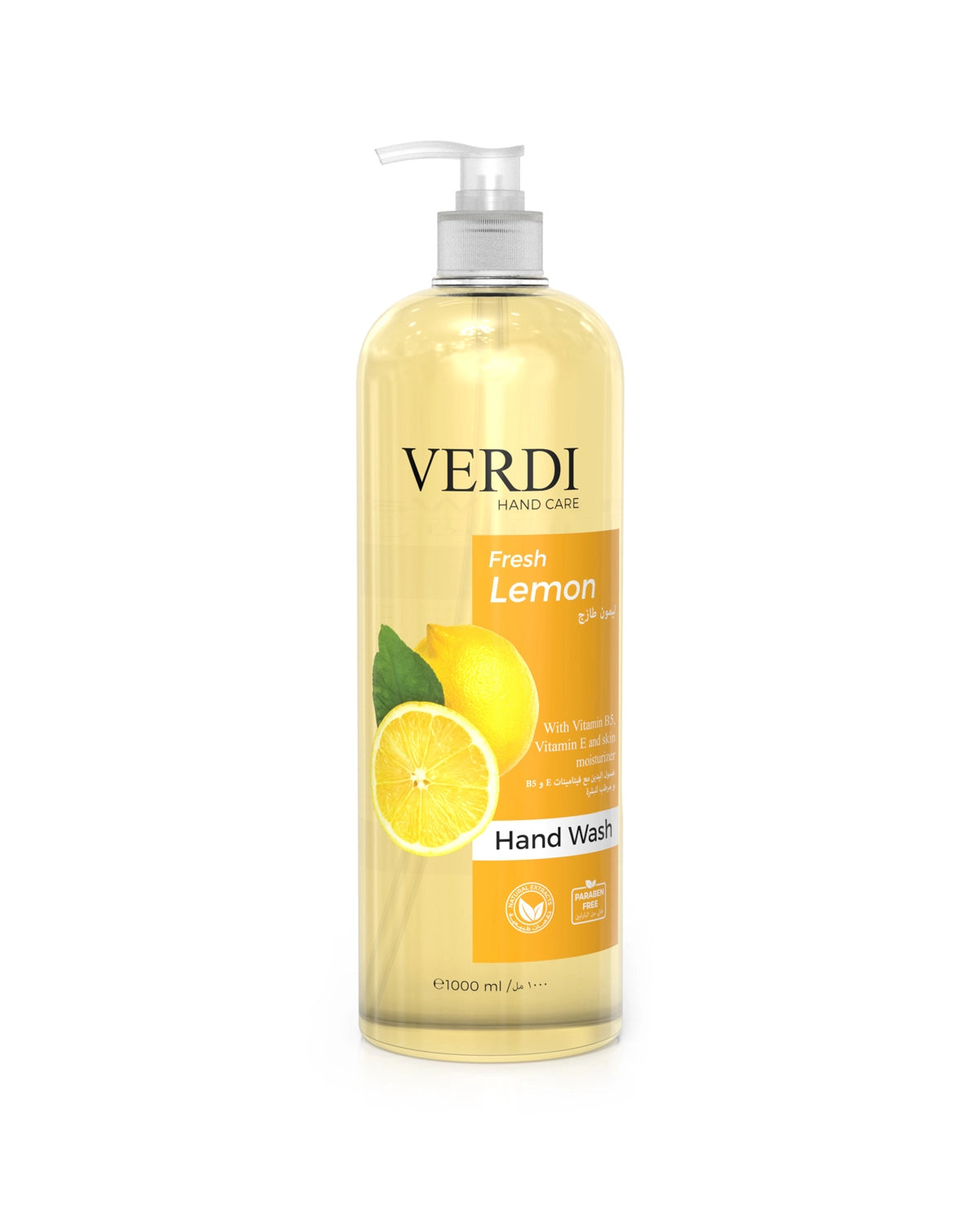 Verdi Fresh Lemon Hand Wash for women and men. Infused with vitamin B5, vitamin E, and skin moisturizers. Enriched with natural extracts of lemon. Designed to clean your hands with natural properties. For people with dry and sensitive skin. Made in Dubai, UAE.