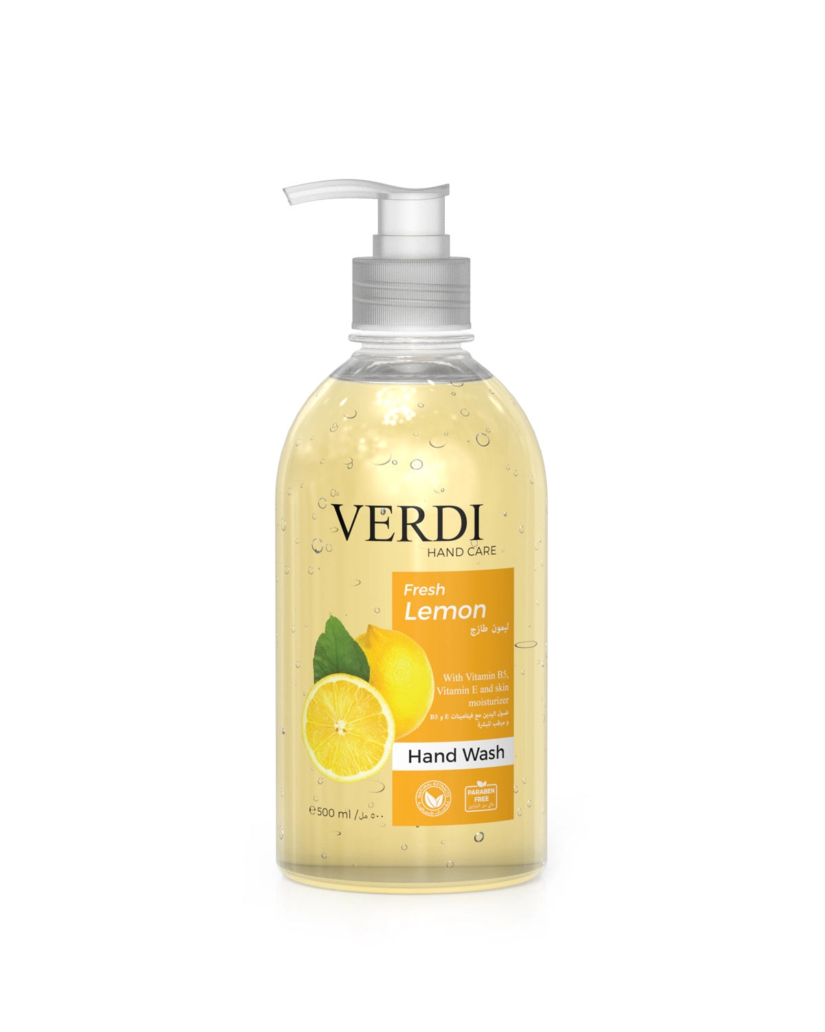 Verdi Fresh Lemon Hand Wash for women and men. Infused with vitamin B5, vitamin E, and skin moisturizers. Enriched with natural extracts of lemon. Designed to clean your hands with natural properties. For people with dry and sensitive skin. Made in Dubai, UAE.