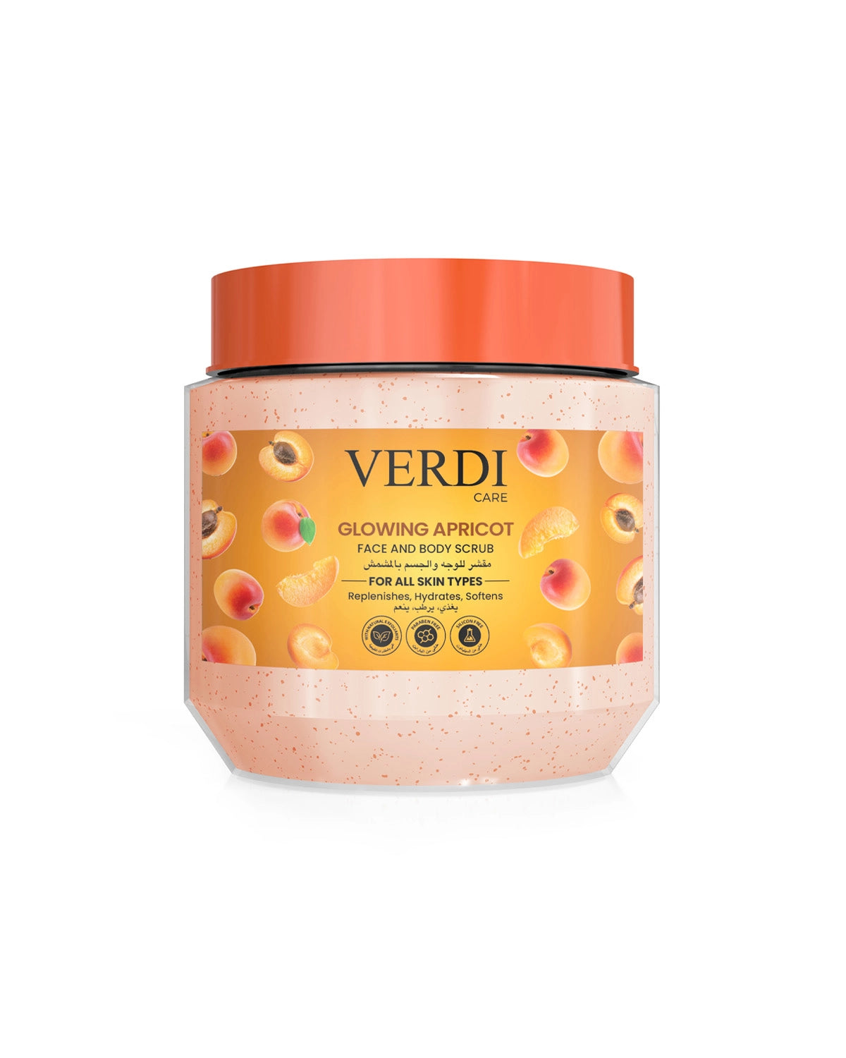 Verdi Glowing Apricot Face & Body scrub for women and men. Infused with the beautiful fragrance, natural extracts, and benefits of apricot. A silicon-free blend for glowing skin. Made for people with dry and sensitive skin. Made in Dubai, UAE.