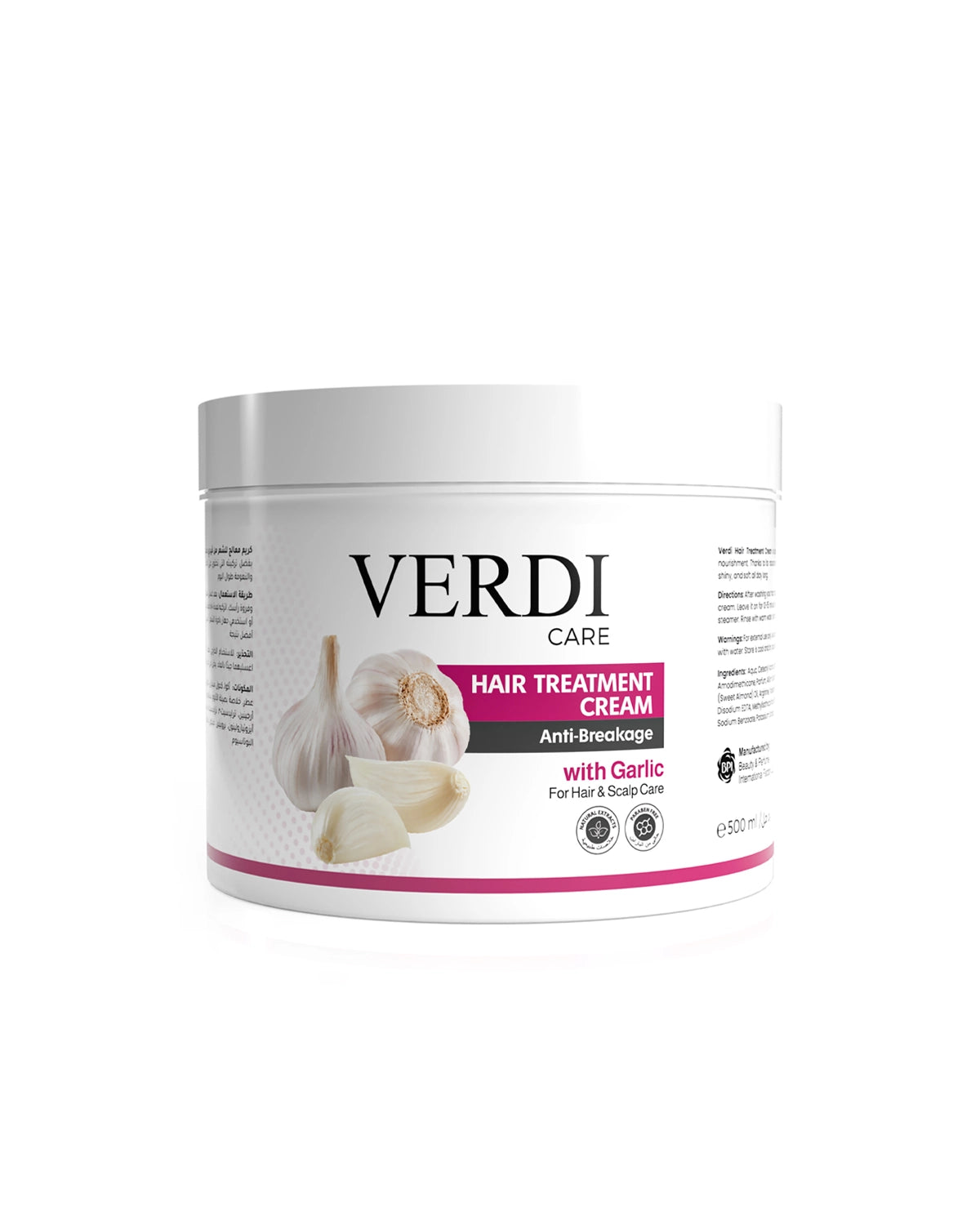 Verdi Hair Treatment Cream with Garlic for women and men. Infused with natural extracts. Give more volume, stop breakage, and speed up hair growth for people with dull and dry hair. Best hair treatment cream. Made in Dubai, UAE.