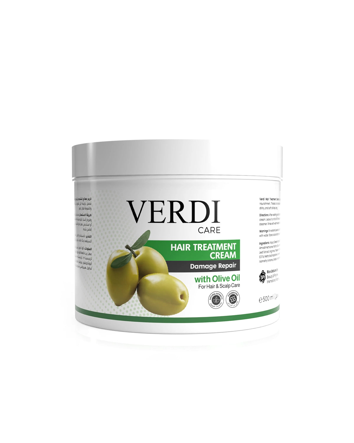 Verdi Hair Treatment Cream with Olive oil for women and men. Infused with natural extracts. Repair damaged hair and supply daily nourishment to hair and scalp. For people with fragile and damaged hair. For dry and frizzy hair. Best hair treatment cream. Made in Dubai, UAE.