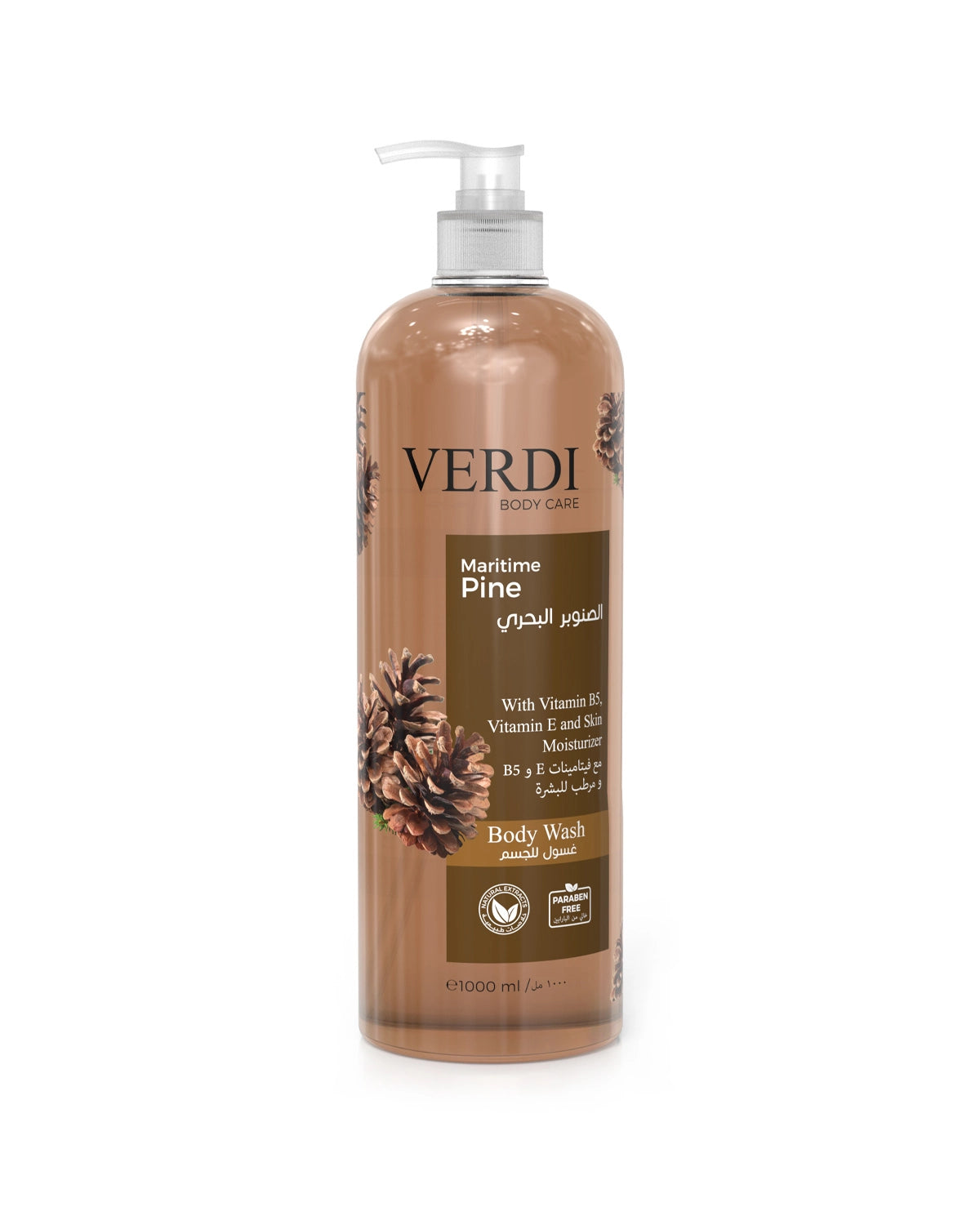 Verdi Maritime Pine Body Wash for women and men. Enriched with natural extracts of pine, vitamin B5, vitamin E, and skin moisturizers with anti-inflammatory properties for people with sensitive skin.