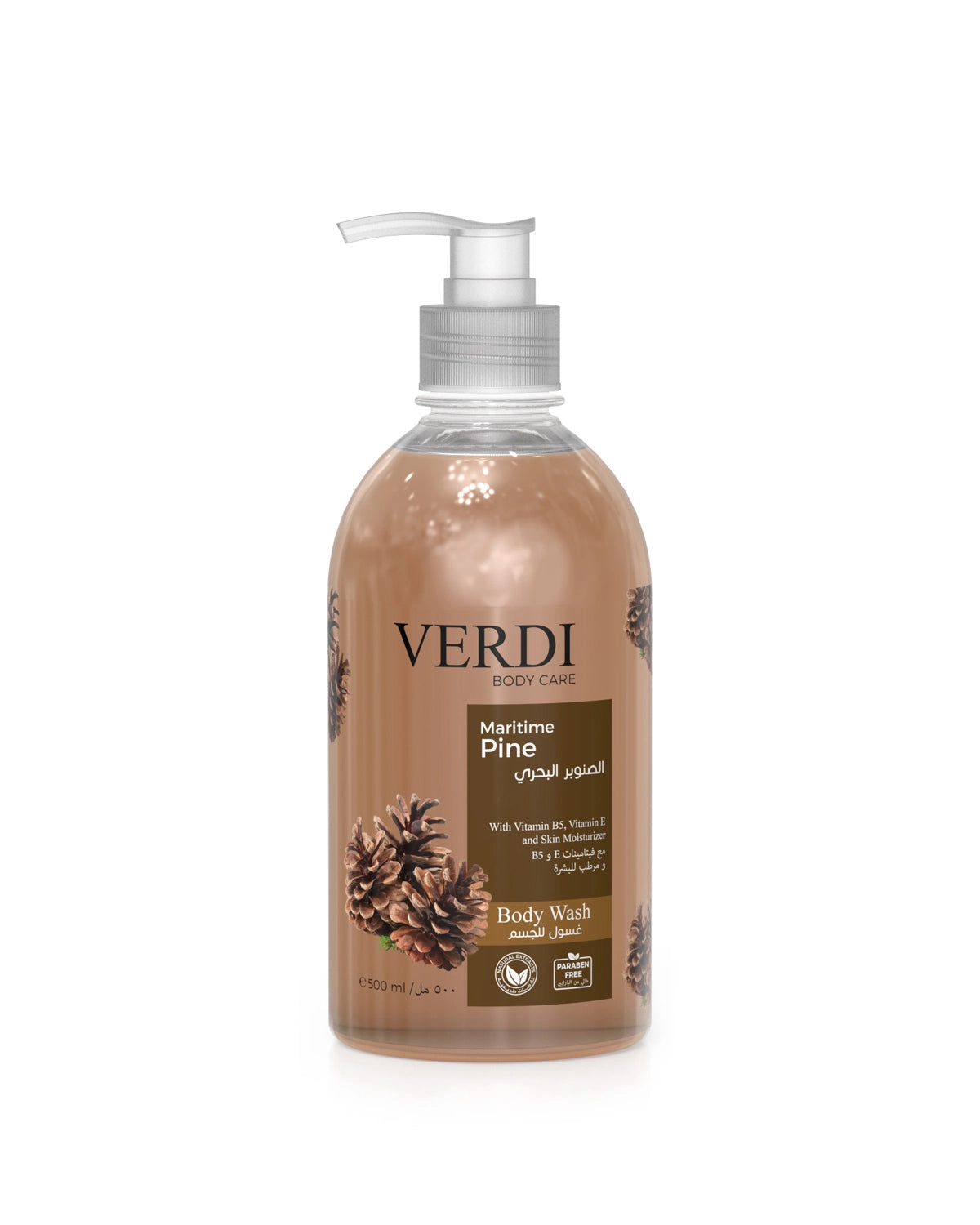 Verdi Maritime Pine Body Wash for women and men. Enriched with natural extracts of pine, vitamin B5, vitamin E, and skin moisturizers with anti-inflammatory properties for people with sensitive skin.