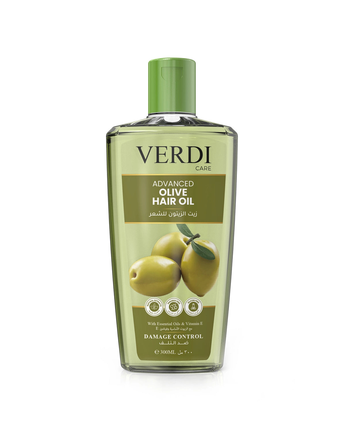 Verdi Olive Hair Oil for women and men. Infused with the benefits of olive oil, essential oils, and vitamin E. It repairs and protect hair with its damage control formula. Protects against hair fall. Hair oil growth. Hair oil for dry hair. Made in Dubai, UAE.