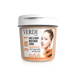 Verdi Papaya 3-IN-1 Whitening Scrub for face and body. Infused with whitening Papaya and natural extracts. Helps in skin brightening while reducing the appearance of blemishes. Made in Dubai, UAE.