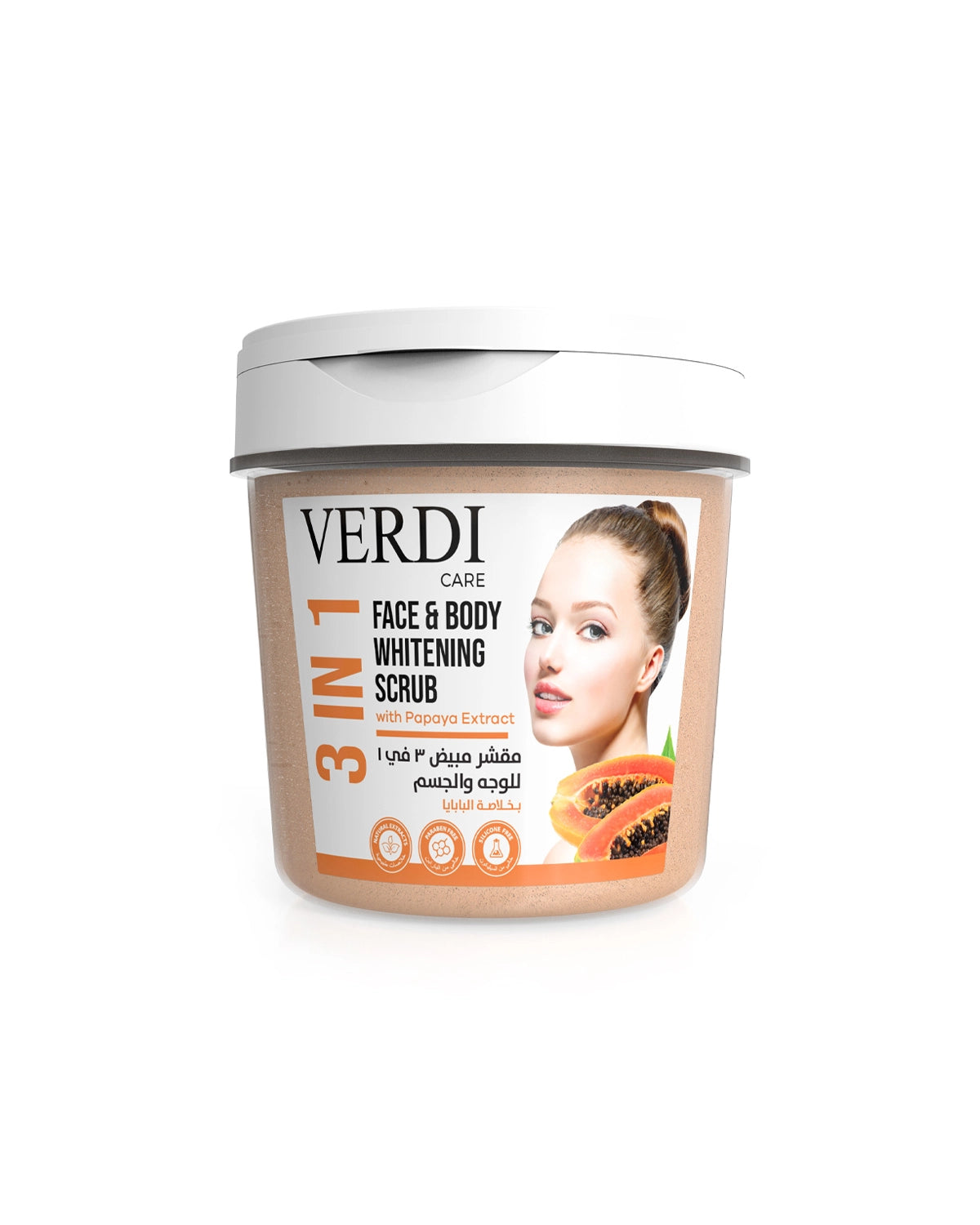 Verdi Papaya 3-IN-1 Whitening Scrub for face and body. Infused with whitening Papaya and natural extracts. Helps in skin brightening while reducing the appearance of blemishes. Made in Dubai, UAE.