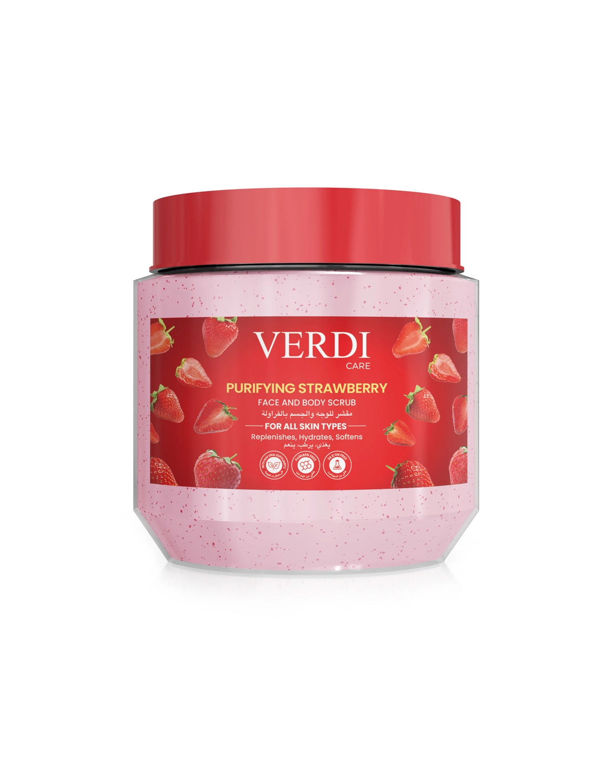 Verdi Purifying Strawberry Face & Body scrub for women and men. Infused with the beautiful fragrance, natural extracts, and benefits of strawberry. A paraben-free blend for skin brightening. Made for people with dry and sensitive skin. Made in Dubai, UAE.