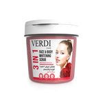 Verdi Rose 3-IN-1 Whitening Scrub for face and body. Infused with beautiful Rose flower and natural extracts. Helps in skin discoloring while protecting the skin from visible signs of ageing. Made in Dubai, UAE.