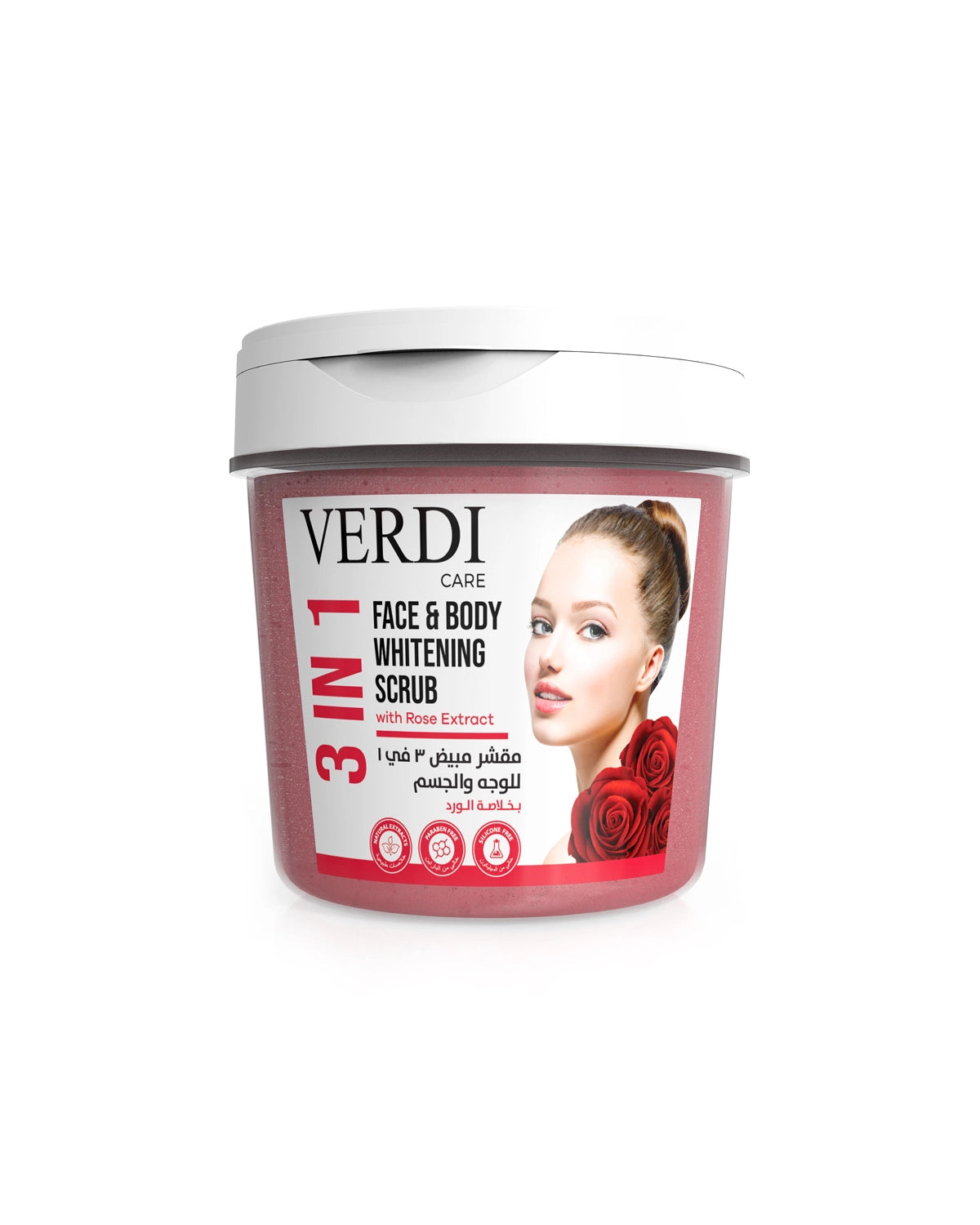 Verdi Rose 3-IN-1 Whitening Scrub for face and body. Infused with beautiful Rose flower and natural extracts. Helps in skin discoloring while protecting the skin from visible signs of ageing. Made in Dubai, UAE.