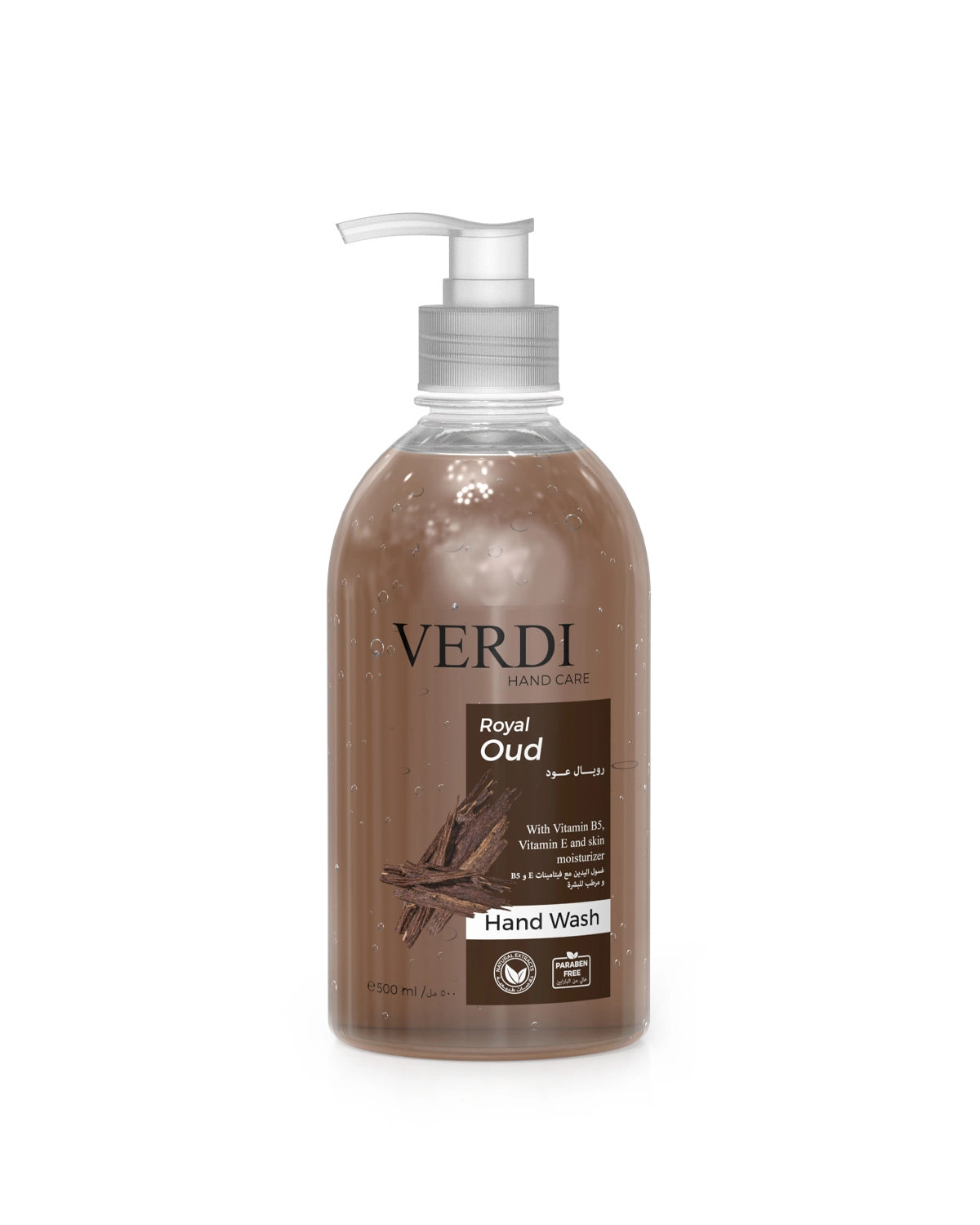 Verdi Royal Oud Hand Wash for women and men. Infused with vitamin B5, vitamin E, and skin moisturizers. Enriched with natural extracts of fragrant oud. Kills viruses and bacteria. For people with dry and sensitive skin. Made in Dubai, UAE.