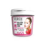 Verdi Strawberry 3-IN-1 Whitening Scrub for face and body. Infused with hydrating Strawberry aroma and natural extracts. Helps in skin whitening while reducing the appearance of dark spots. Cosmo. Made in Dubai, UAE.