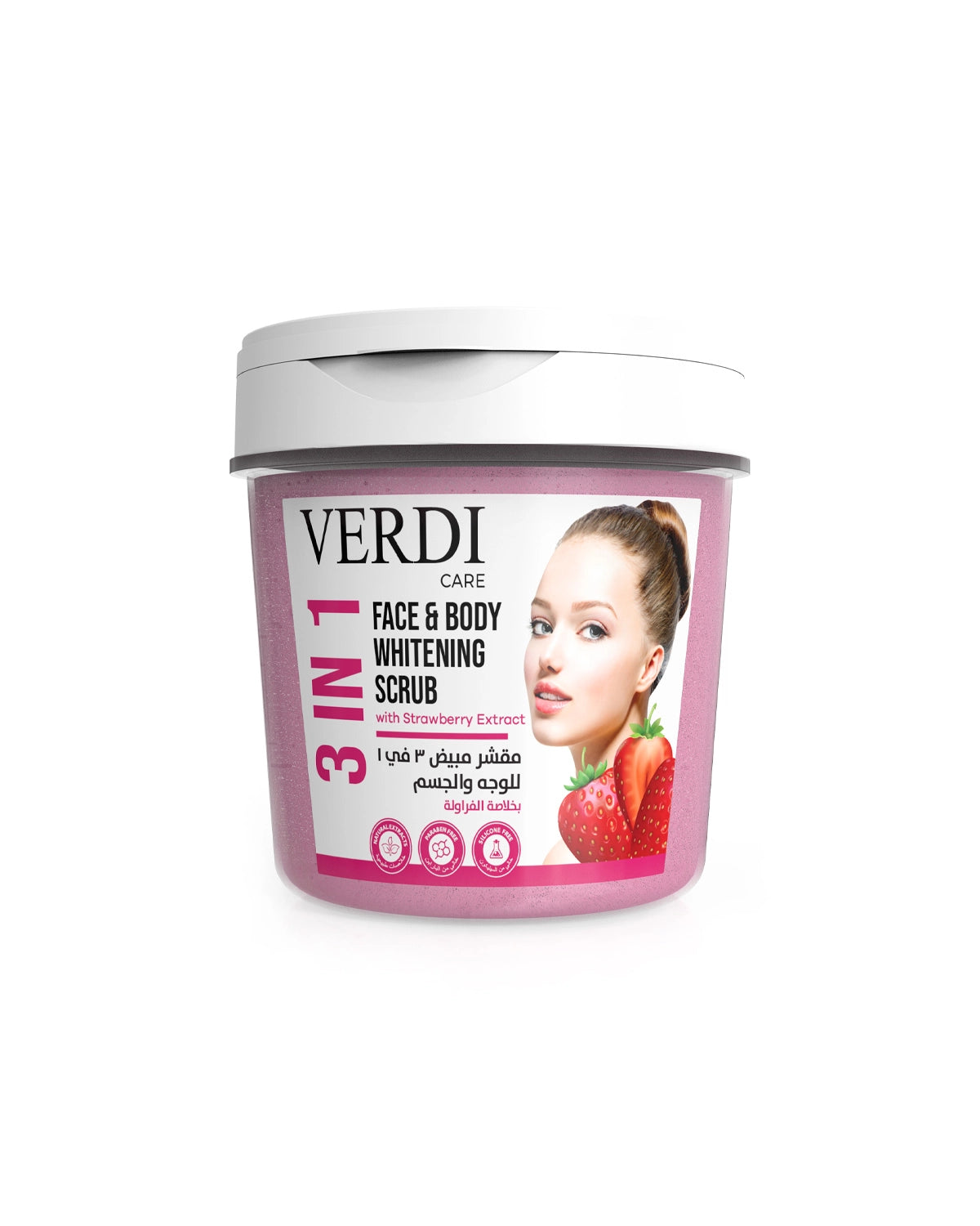 Verdi Strawberry 3-IN-1 Whitening Scrub for face and body. Infused with hydrating Strawberry aroma and natural extracts. Helps in skin whitening while reducing the appearance of dark spots. Cosmo. Made in Dubai, UAE.