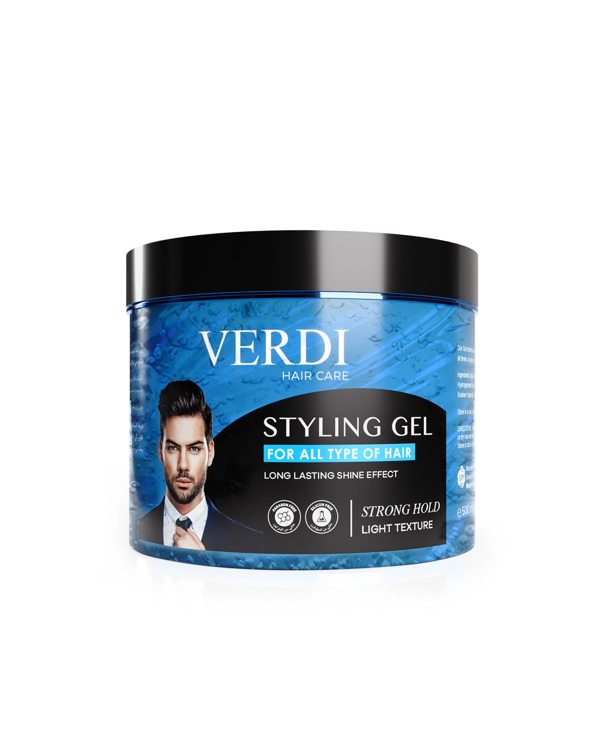 Verdi Strong Hold Styling Gel for men and women. Infused with natural extract. For healthy shine without drying out hair. For people with long hair. For people with short hair. For people with curly hair. Best hair gel. Made in Dubai, UAE.