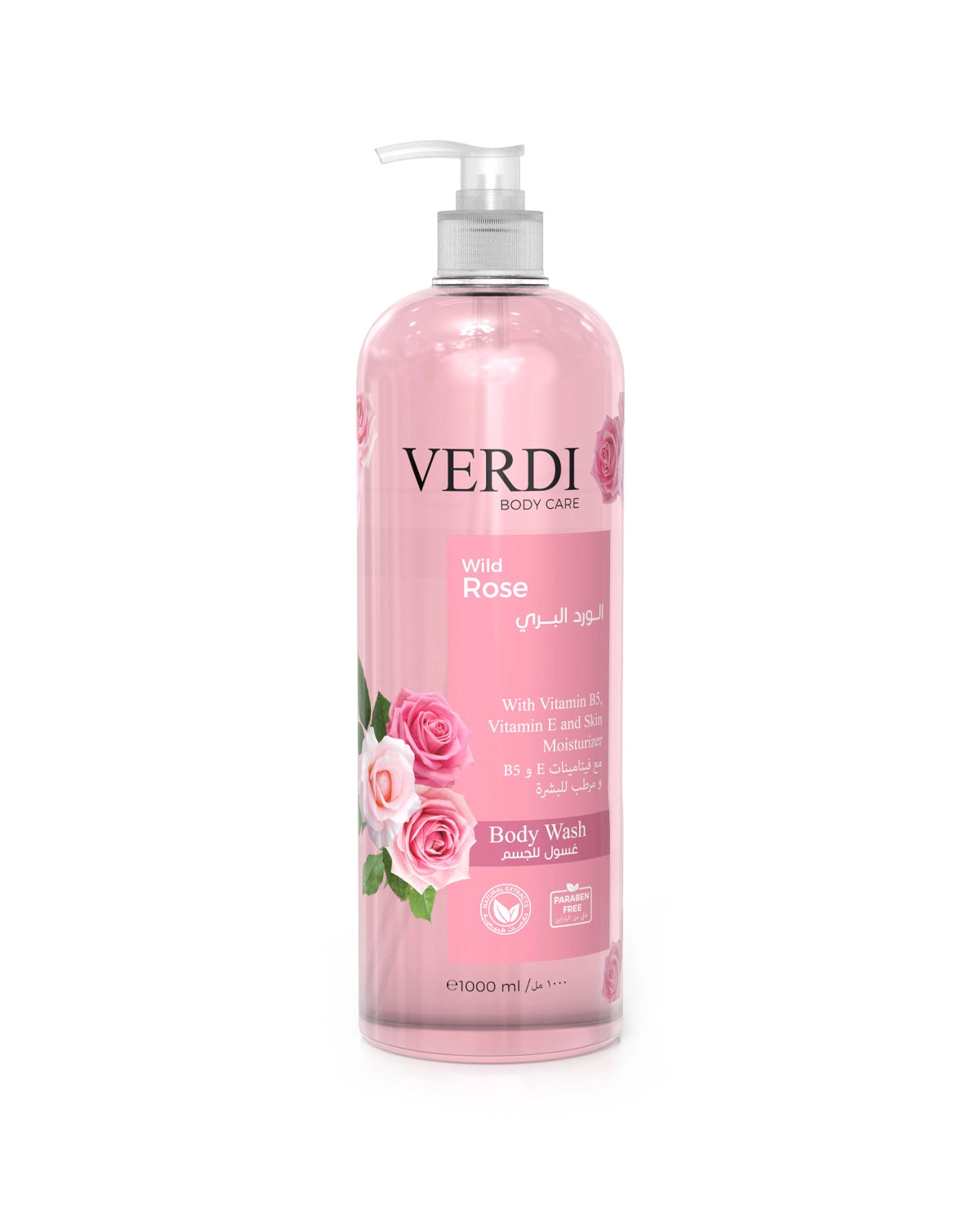 Verdi Wild Rose Body Wash for women and men. Infused with vitamin B5, vitamin E, and skin moisturizers. Enriched with natural extracts of rose perfume. Kills viruses and bacteria. For people with dry and sensitive skin. Made in Dubai, UAE.