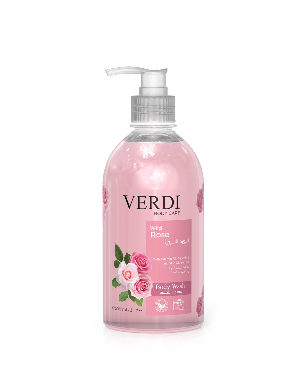 Verdi Wild Rose Body Wash for women and men. Infused with vitamin B5, vitamin E, and skin moisturizers. Enriched with natural extracts of rose perfume. Kills viruses and bacteria. For people with dry and sensitive skin. Made in Dubai, UAE.