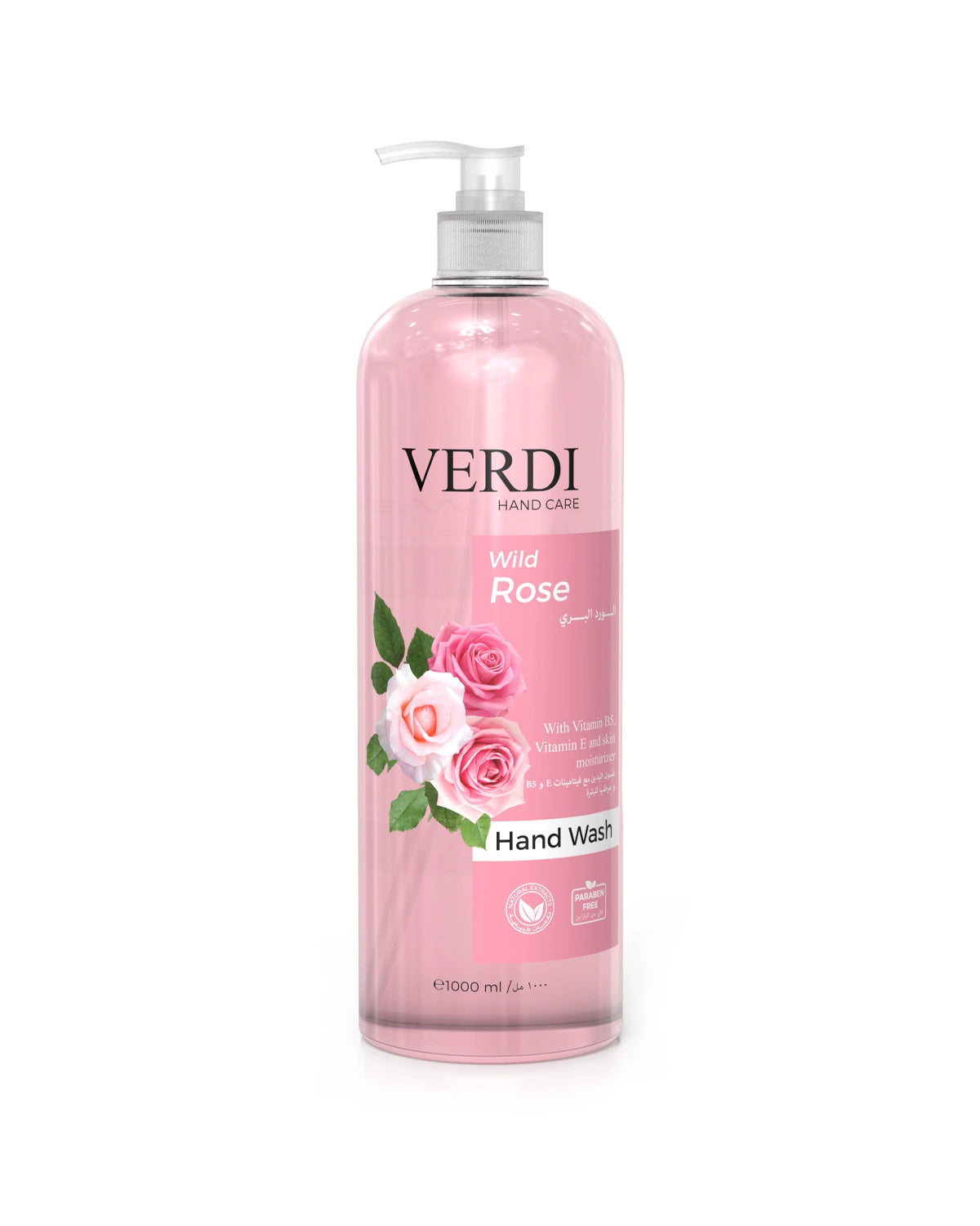 Verdi Wild Rose Hand Wash for women and men. Infused with vitamin B5, vitamin E, and skin moisturizers. Enriched with natural extracts of fragrant rose. Kills viruses and bacteria. For people with dry and sensitive skin. Made in Dubai, UAE.