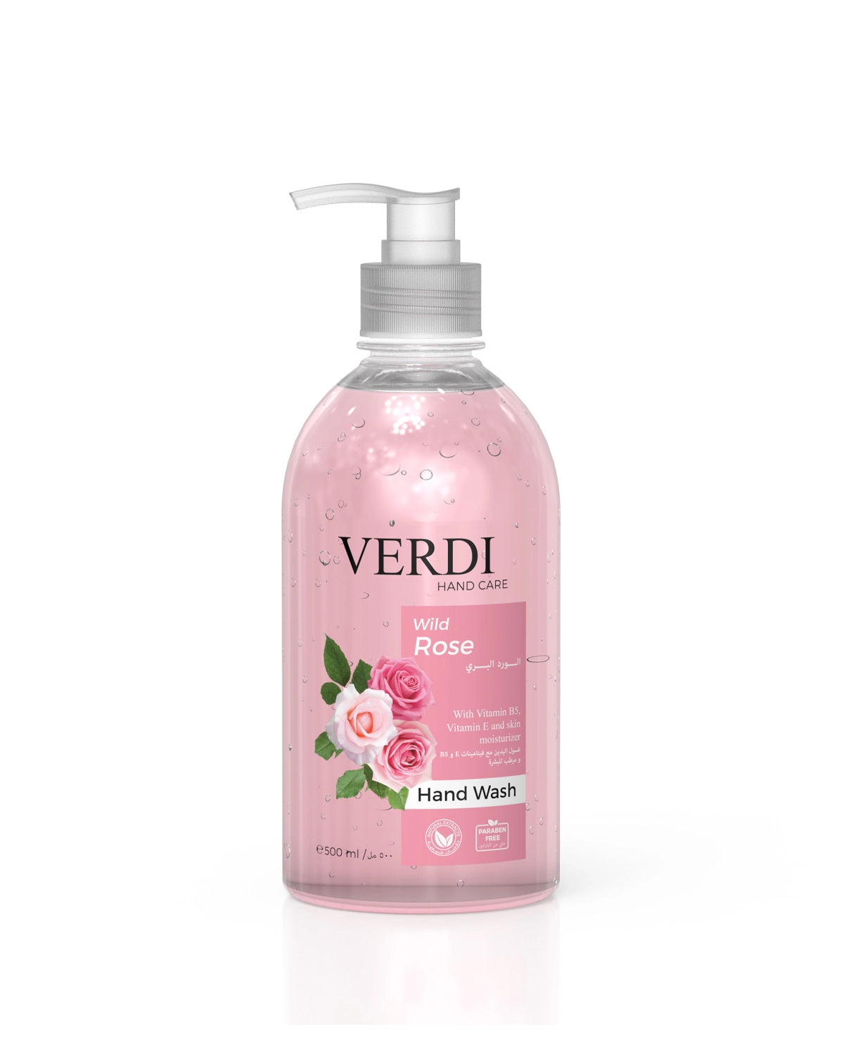 Verdi Wild Rose Hand Wash for women and men. Infused with vitamin B5, vitamin E, and skin moisturizers. Enriched with natural extracts of fragrant rose. Kills viruses and bacteria. For people with dry and sensitive skin. Made in Dubai, UAE.